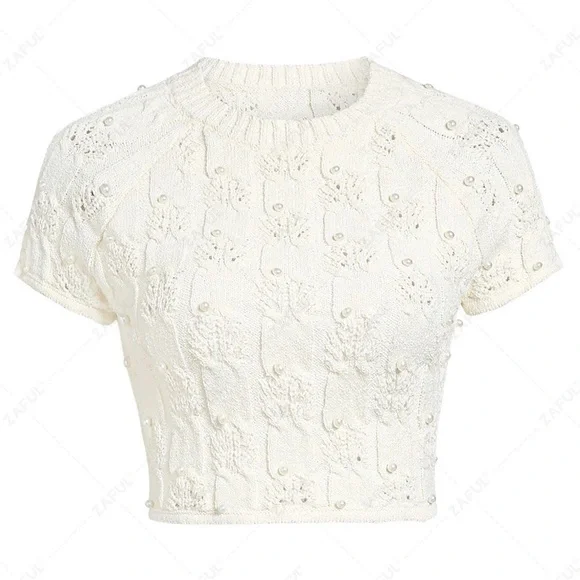 Zara Open Back Pearl Embellished Knit Crop Short Sleeve Top - Picture 11 of 11